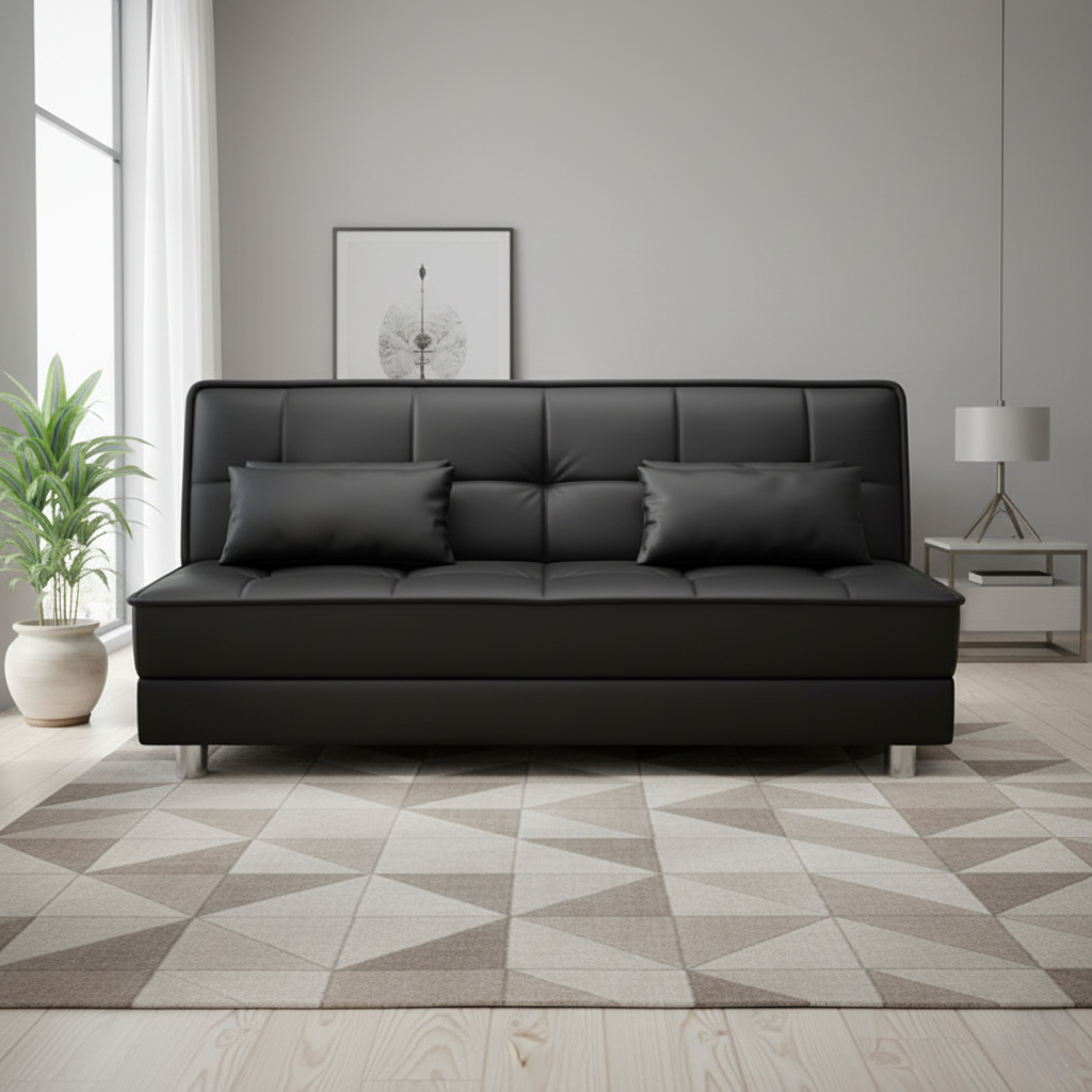 3-सीटर फ़ैब्रिक सोफ़ा कम बेड, जगह बचाने वाला, क्रोम-फ़िनिश्ड मेटल लेग्स वाला कन्वर्टिबल डिज़ाइन, बिना आर्मरेस्ट के