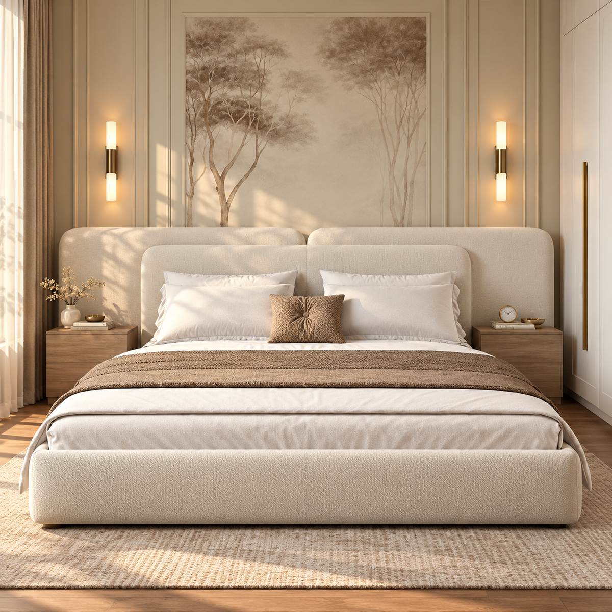 Luxury King Size Solid Wood Bed – Fully Upholstered with Padded Tufted Headboard, Premium Modern Design for Living Room