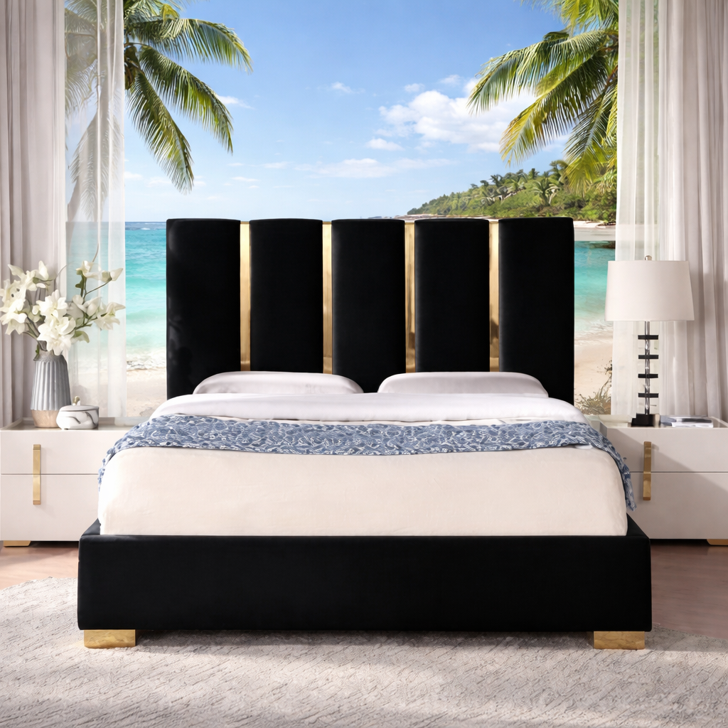 लक्ज़री ब्लैक एंड गोल्ड किंग साइज़ बेड - गद्देदार ऊँचा हेडबोर्ड, चिकने धातु के पैर