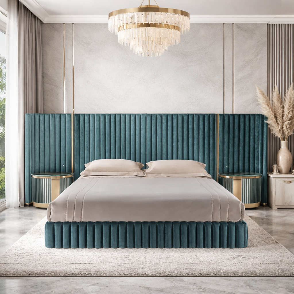 Queen Size Bed Plywood Padding, Golden Steel Accents with Built‑in LED Lights—Luxury Design