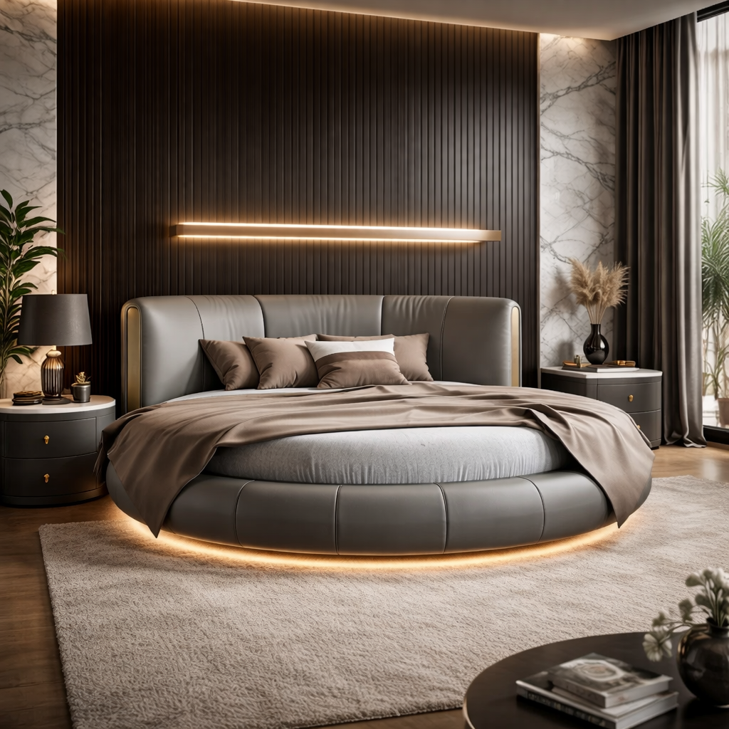 Luxury Round Upholstered Bed with Curved Headboard Design, Premium Cushion Finish and Modern Aesthetic – Designer Round Bed for Stylish Bedrooms