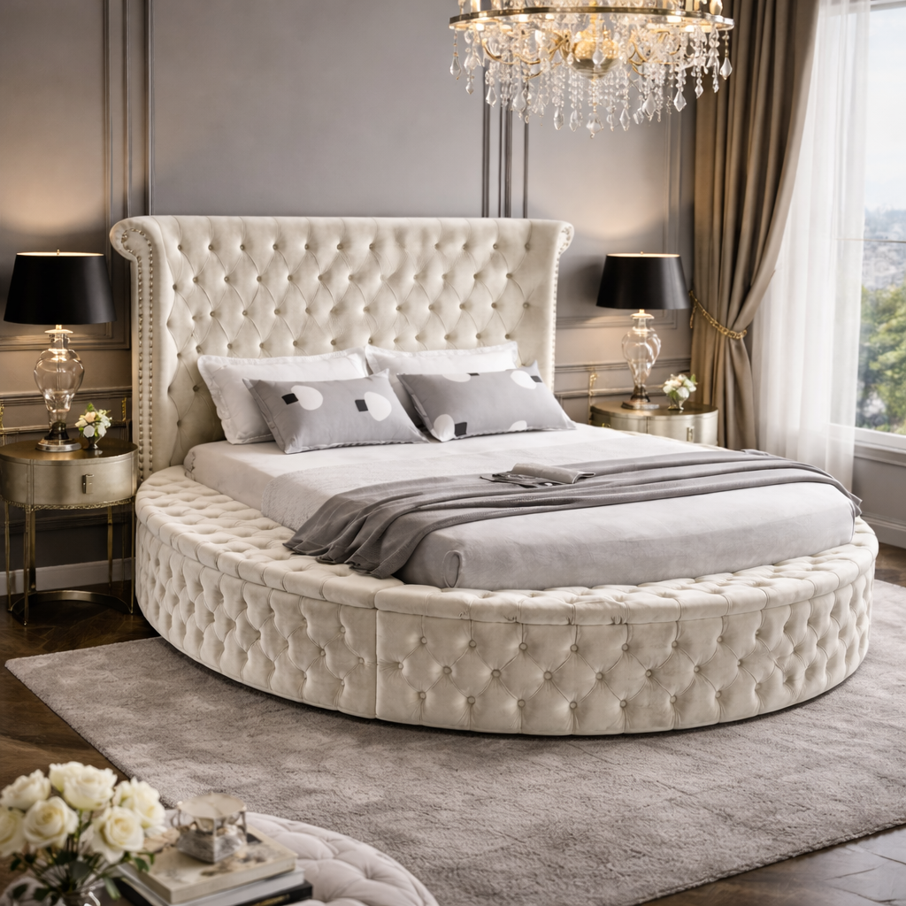 Luxury Tufted Velvet Round Bed with High Buttoned Headboard, Plush Upholstery, Designer Curved Frame and Premium Comfort For Bedroom