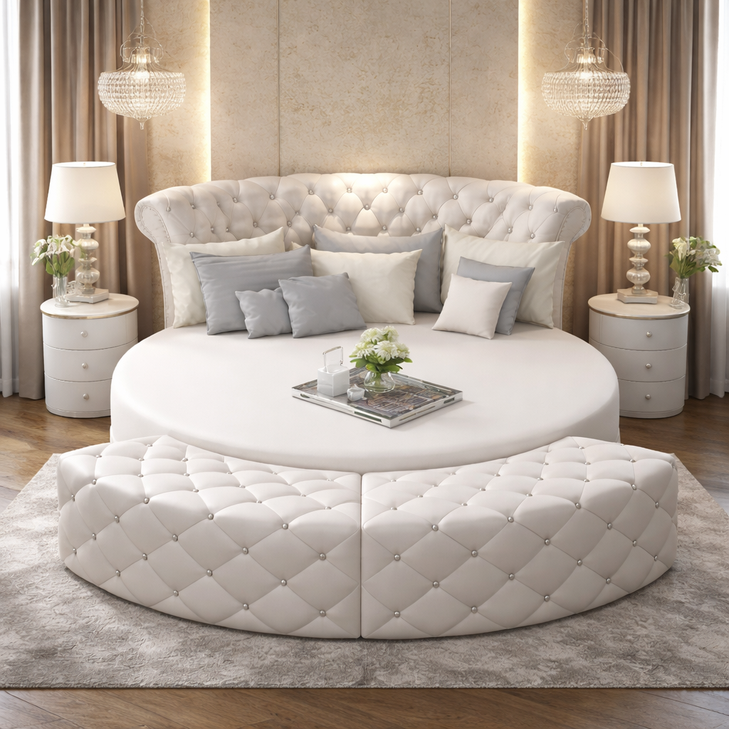 Luxury Round Bed with Tufted Upholstery, Hidden Storage Compartments, and Curved Headboard – Modern Space-Saving Designer Bed