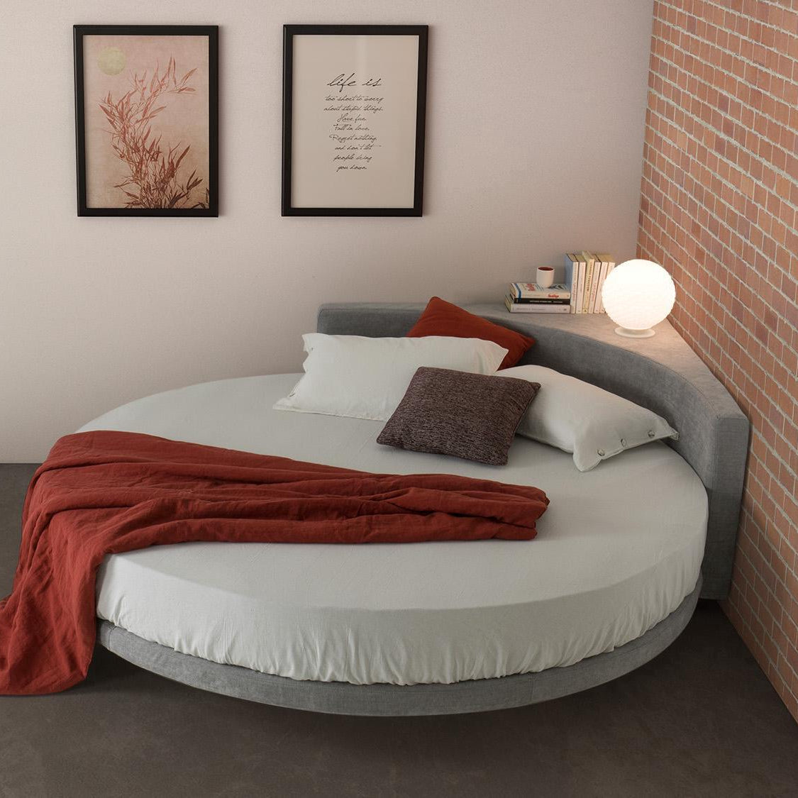 Modern Minimal Round Upholstered Bed with Curved Headboard, Soft Fabric Finish, Contemporary Design and Space-Saving