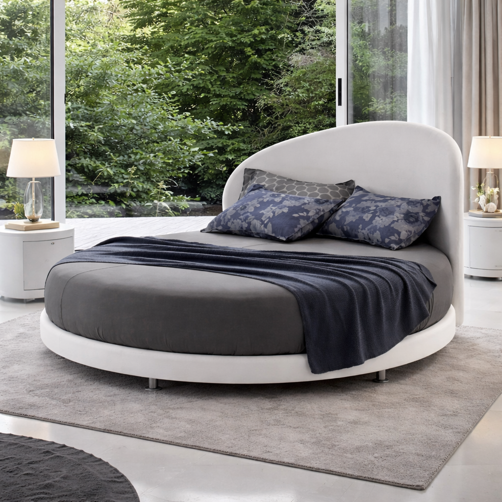 Modern Designer Round Upholstered Bed with Curved Headboard, Sleek Minimal Frame, Premium Finish and Contemporary Style – Luxury Round Bed for Elegant Bedrooms