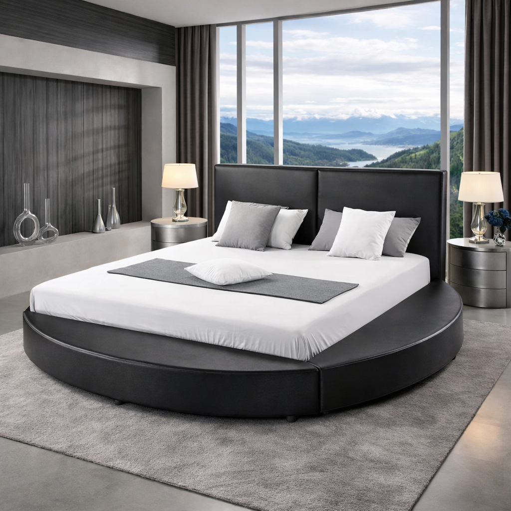 Luxury Modern Round Bed with Upholstered Headboard, Premium Leather Finish, Designer Circular Bed for Contemporary Bedrooms