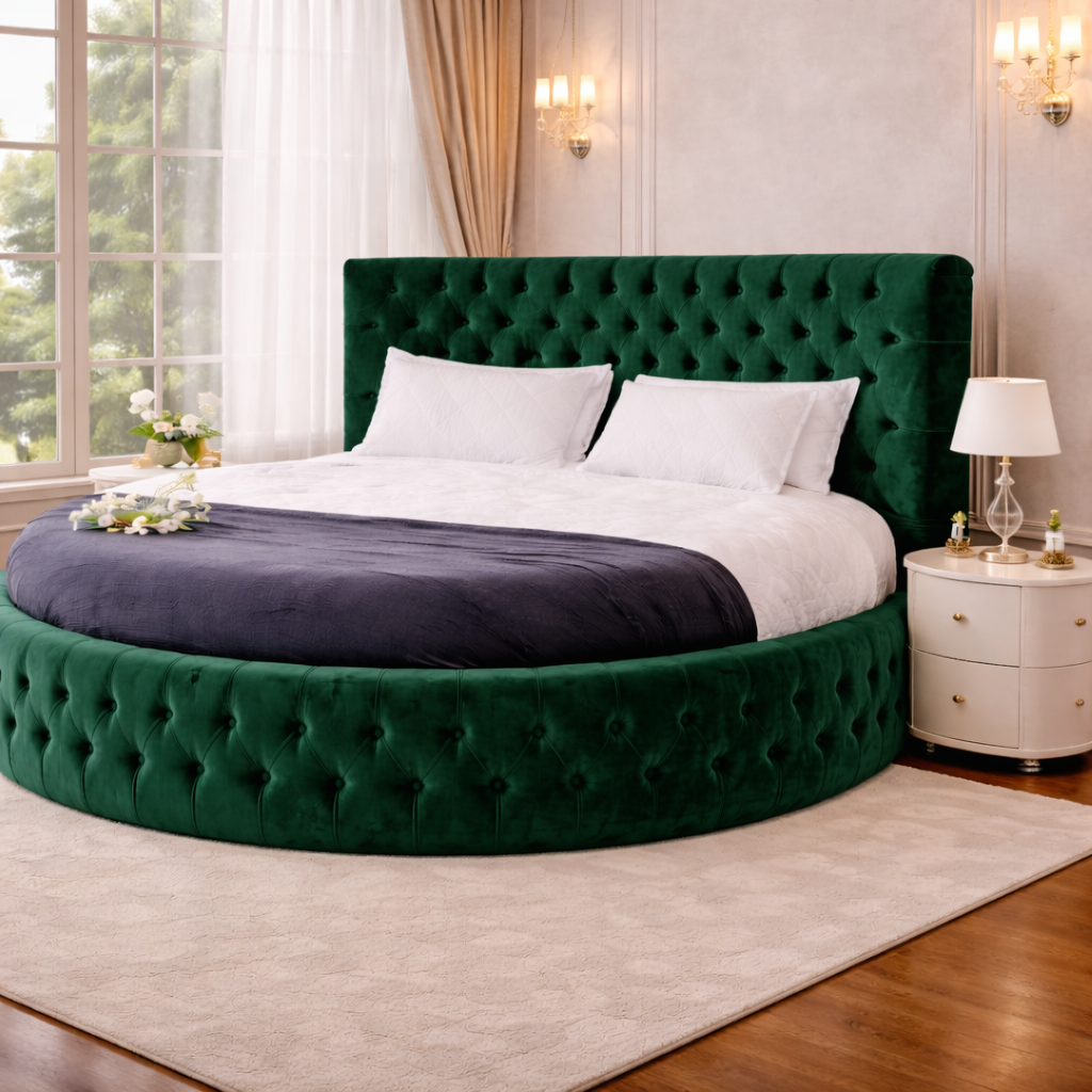 Premium Luxury Green Velvet Round Bed with Deep Tufted Upholstered Headboard & Base – Designer Circular Bed for Modern Bedrooms