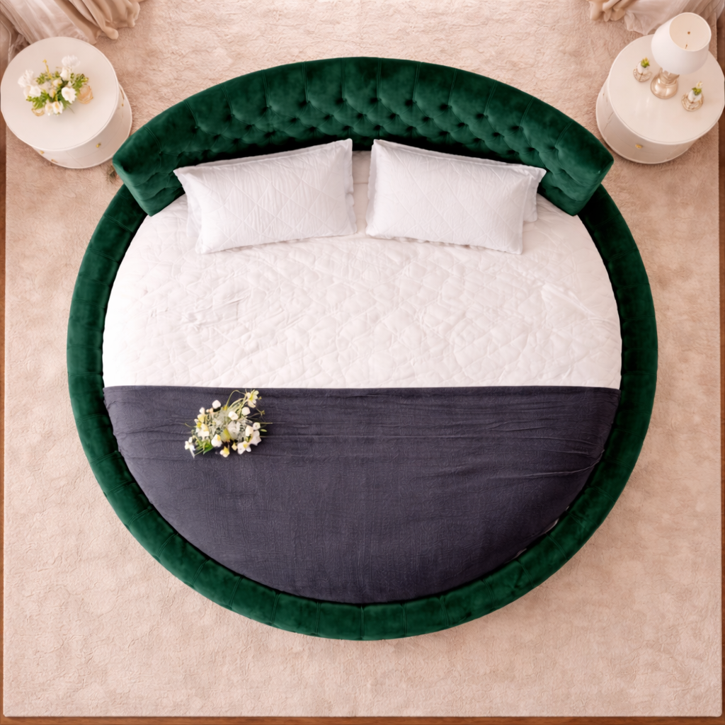 Premium Luxury Green Velvet Round Bed with Deep Tufted Upholstered Headboard & Base – Designer Circular Bed for Modern Bedrooms