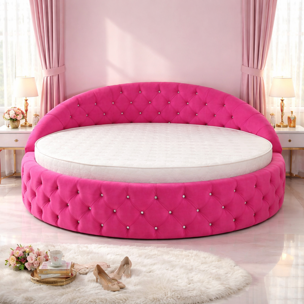 Luxury Pink Tufted Round Bed with Upholstered Curved Headboard and Designer Circular Bed for Premium Bedroom Interiors