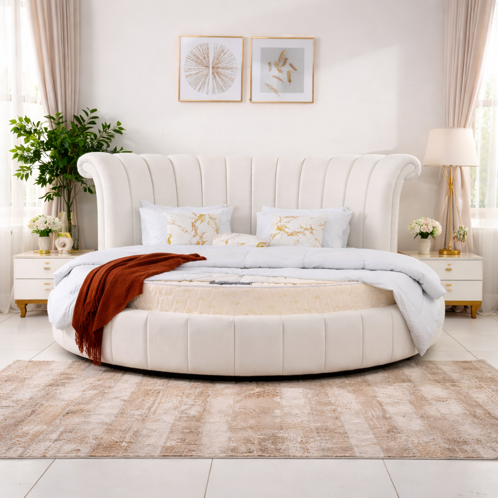 Luxury Round Upholstered Bed with Curved Vertical Channel Headboard, Premium Fabric Finish, Designer Modern Bedroom Furniture, King Size Round Bed