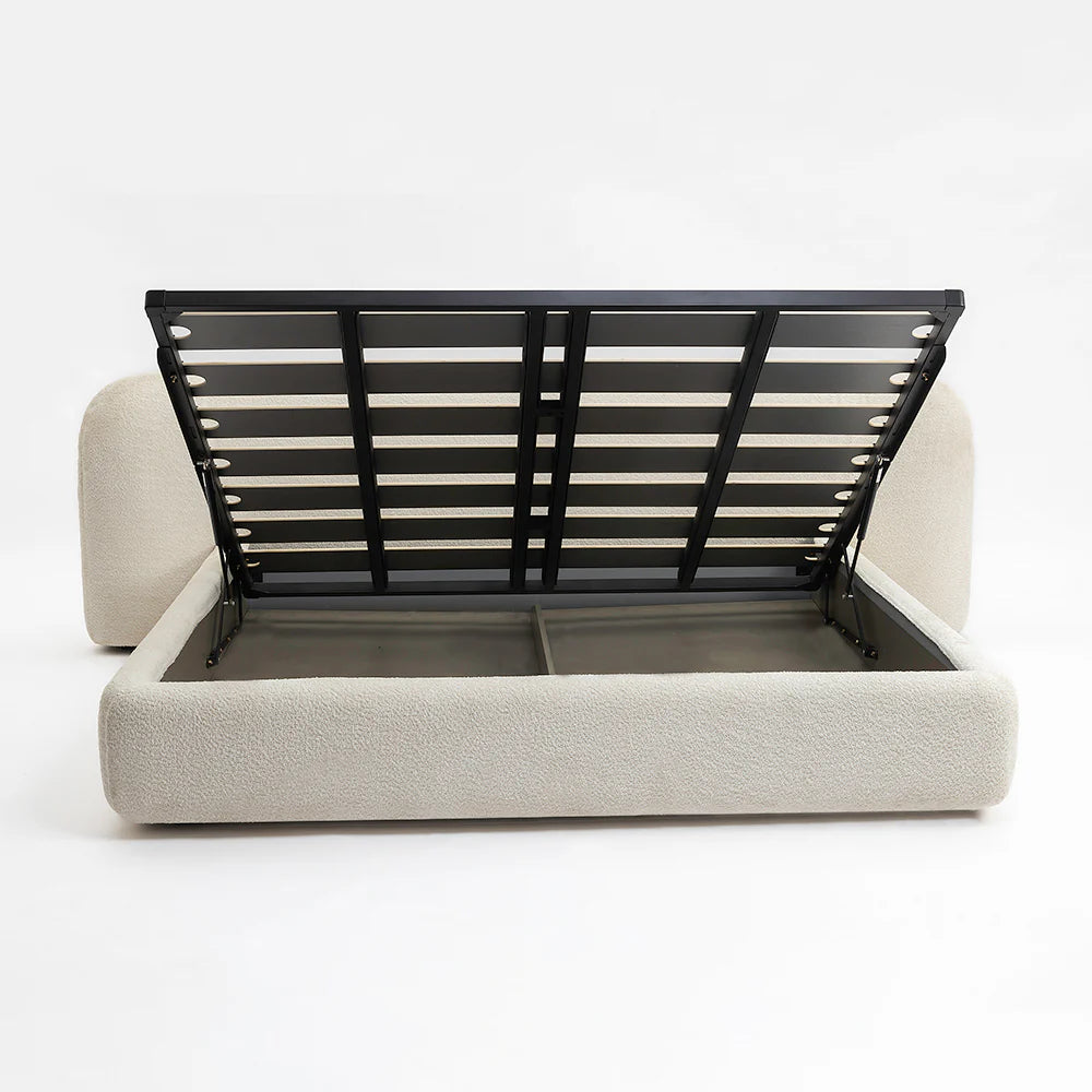 King Size Upholstered Bouclé Storage Bed with Hydraulic Lift-Up Frame, Curved Headboard, Modern Luxury Platform Bed