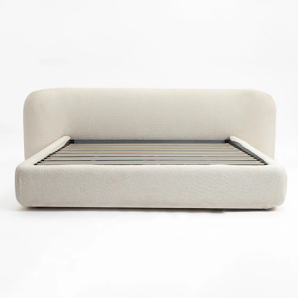King Size Upholstered Bouclé Storage Bed with Hydraulic Lift-Up Frame, Curved Headboard, Modern Luxury Platform Bed