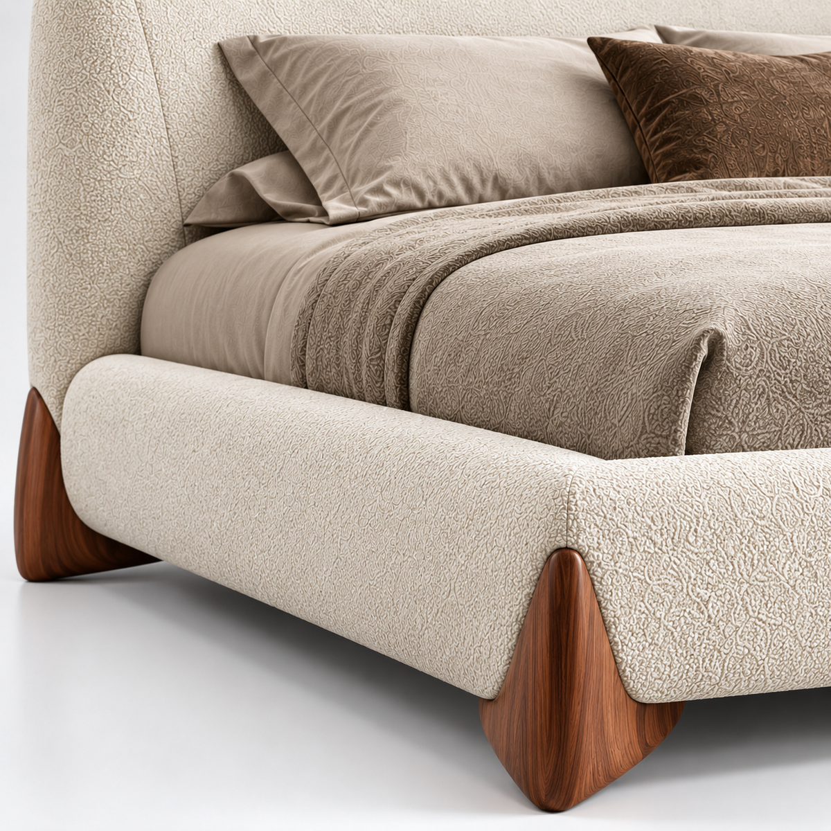 কুইন সাইজের বিছানা প্লাইউড প্যাডিং, বিল্ট-ইন এলইডি লাইট সহ সোনালী স্টিলের অ্যাকসেন্ট—বিলাসবহুল নকশা