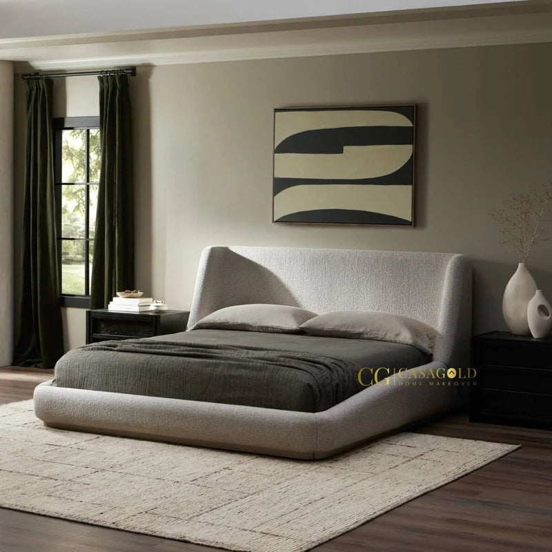 Luxury Fully Upholstered Bed with Curved Wingback Headboard, Soft Padded Frame, Rounded Edges & Low-Profile Design for Modern Bedrooms