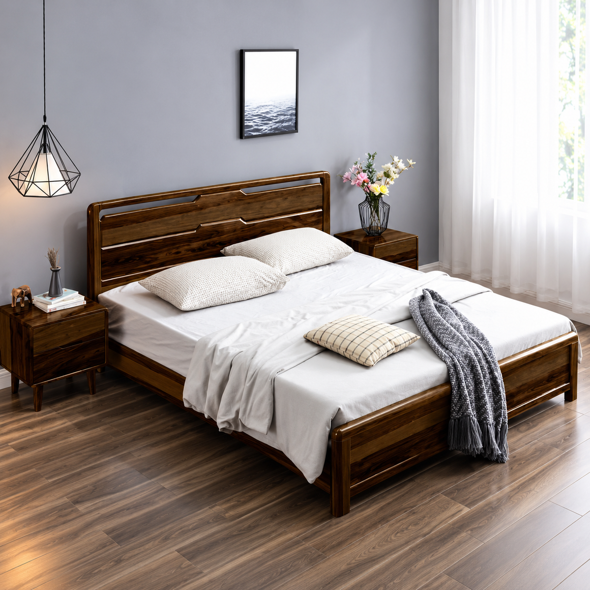 Premium Sheesham Wooden Bed with Wide Grooved Panel Headboard, Sleek Metal Accent, Raised Base & Classic Design for Home Bedrooms