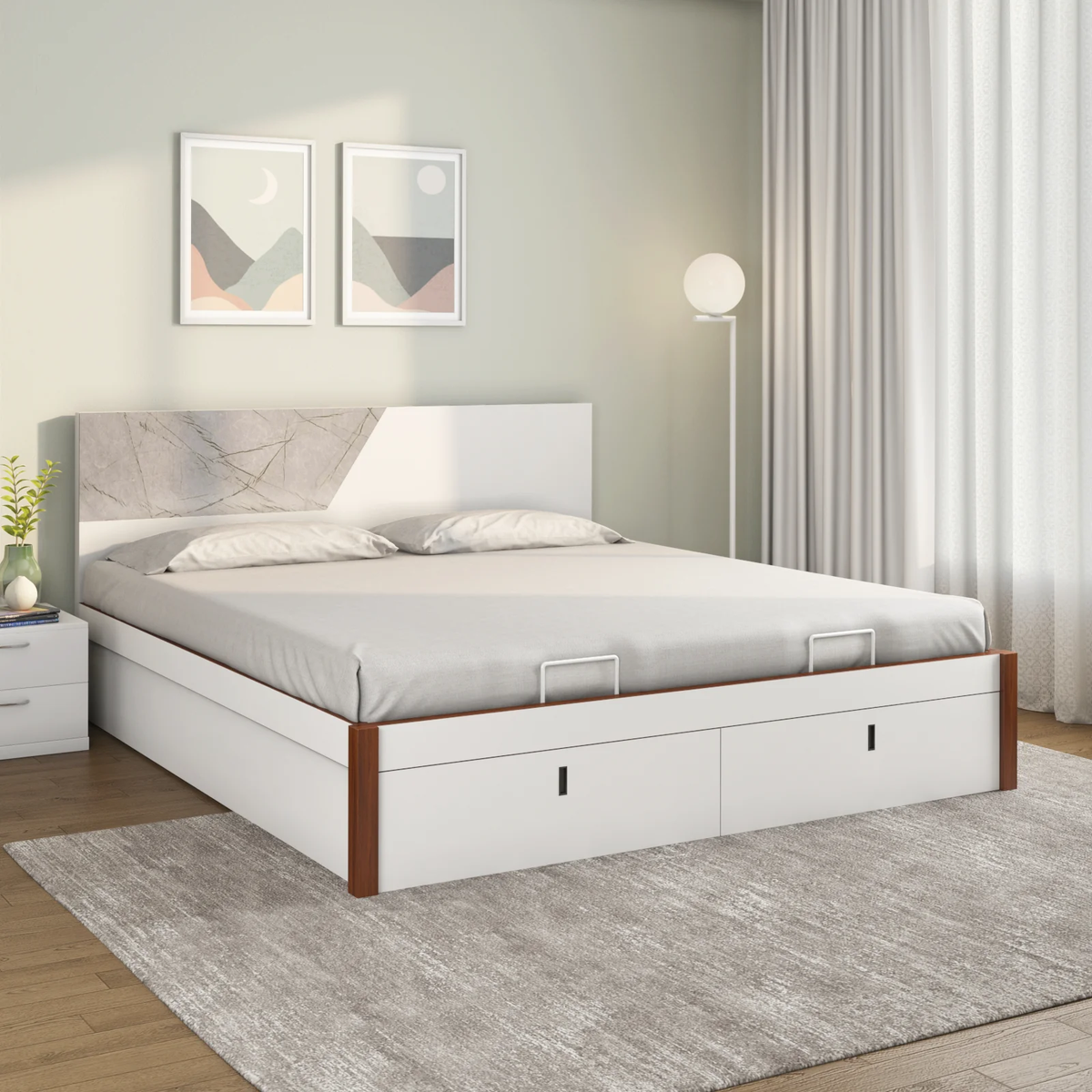 Modern Wooden Bed with Marble-Look Panel Headboard, Front Pull-Out Storage Drawers, Sleek Two-Tone Finish & Space-Saving Design for Bedrooms