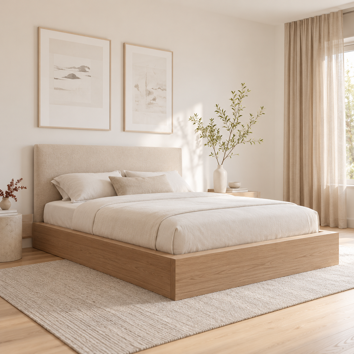 Modern Wooden Bed with Wide Panel Headboard, Low-Profile Platform Base, Natural Wood Grain Finish & Minimalist Design for Home Bedrooms