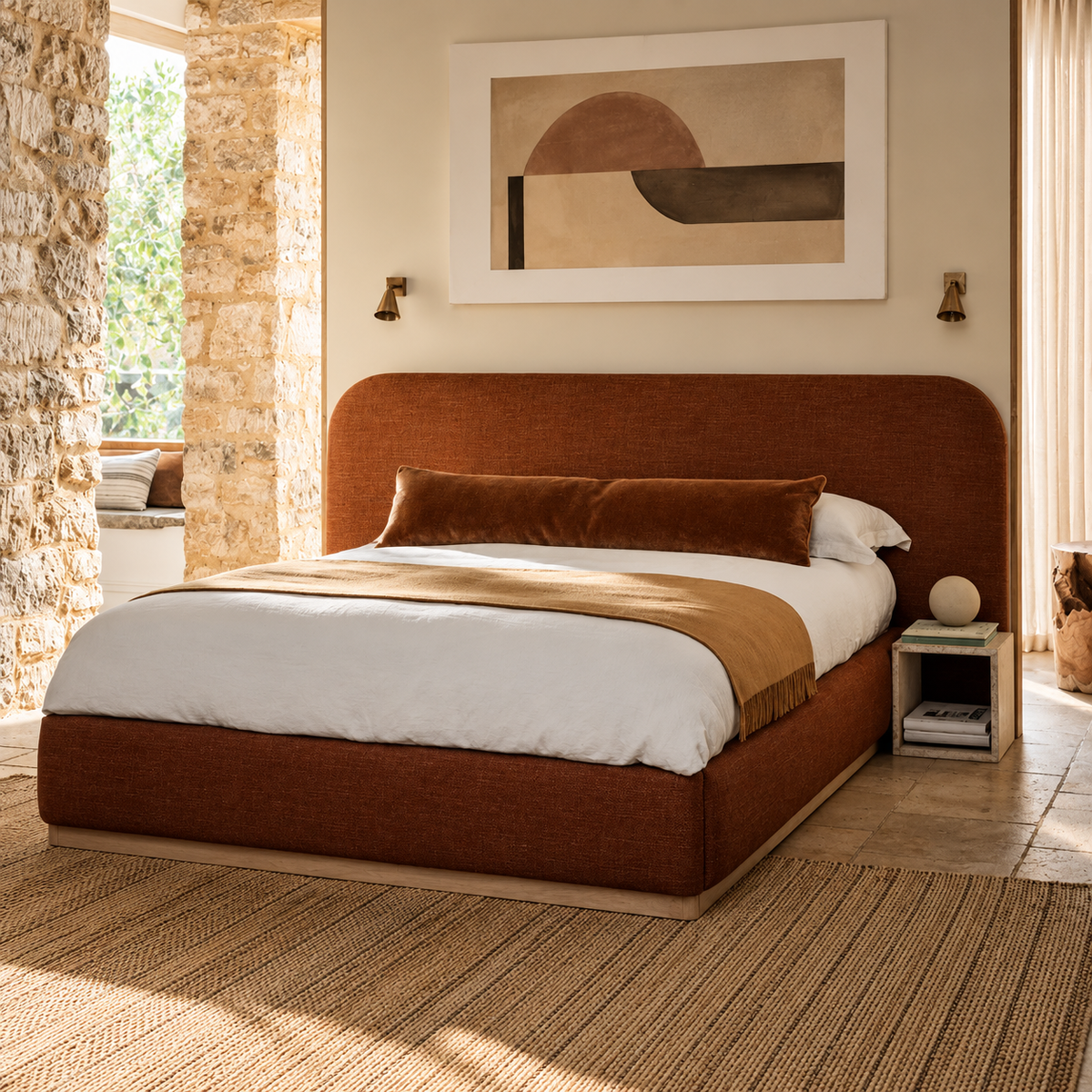 Luxury Fully Upholstered Bed with Wide Curved Headboard, Soft Padded Frame, Rounded Footboard & Low-Profile Design for Modern Bedrooms