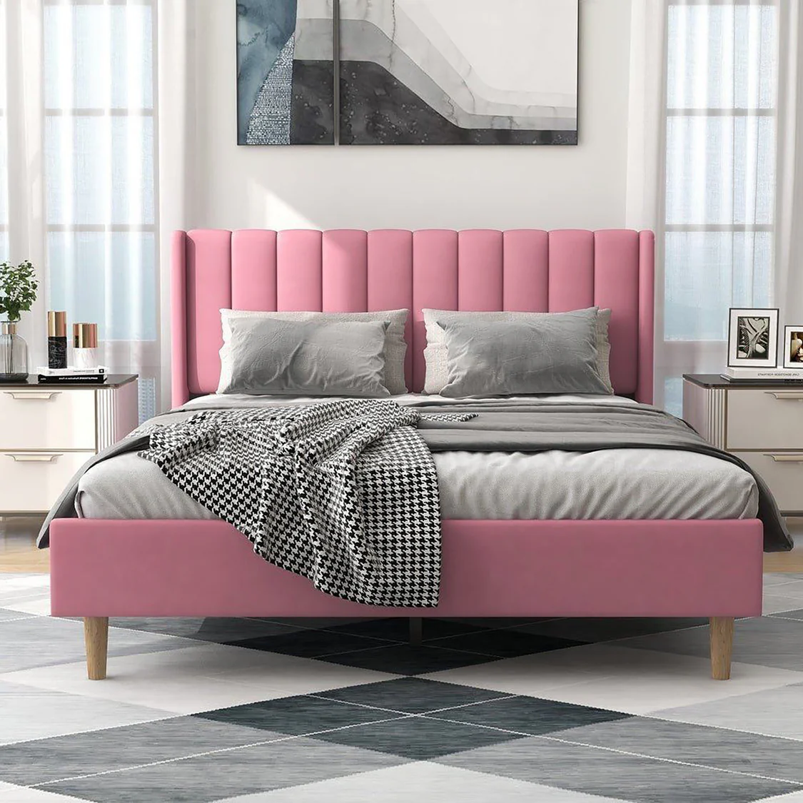 Modern Fully Upholstered Bed with Tall Vertical Channel Tufted Headboard, Soft Foam Padding, Raised Base & Elegant Design for Bedrooms