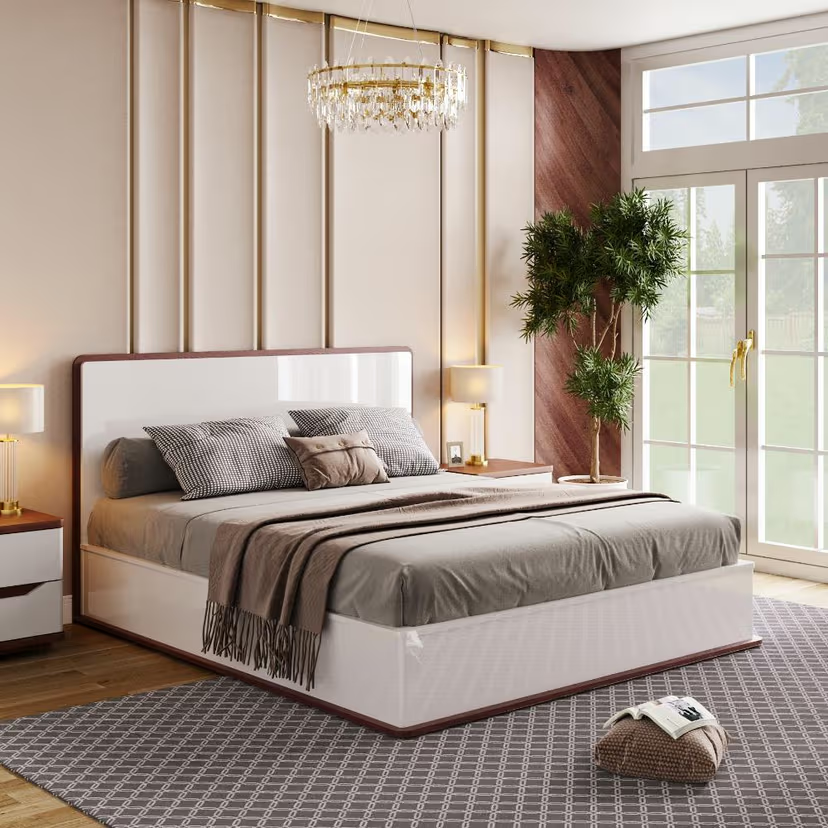 Modern Wooden Bed with Wide Panel Headboard, Glossy Finish, Sturdy Box-Style Base & Elegant Space-Saving Design for Luxury Home Bedrooms