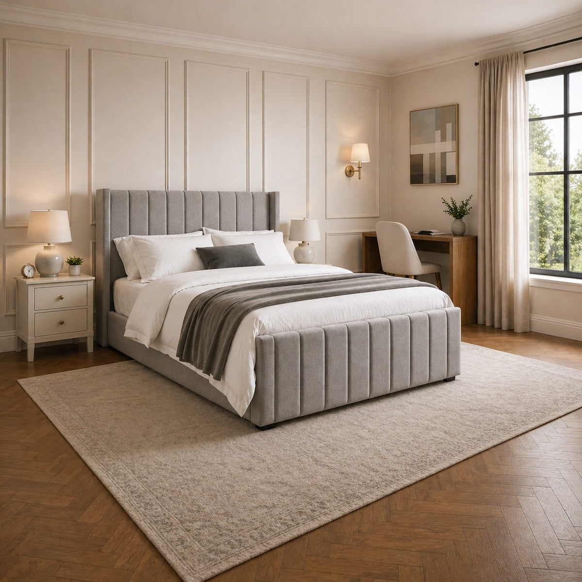 Luxury Fully Upholstered Bed with Vertical Channel Tufted Headboard, Matching Padded Footboard, Soft Grey Fabric & Elegant Design for Modern Bedrooms
