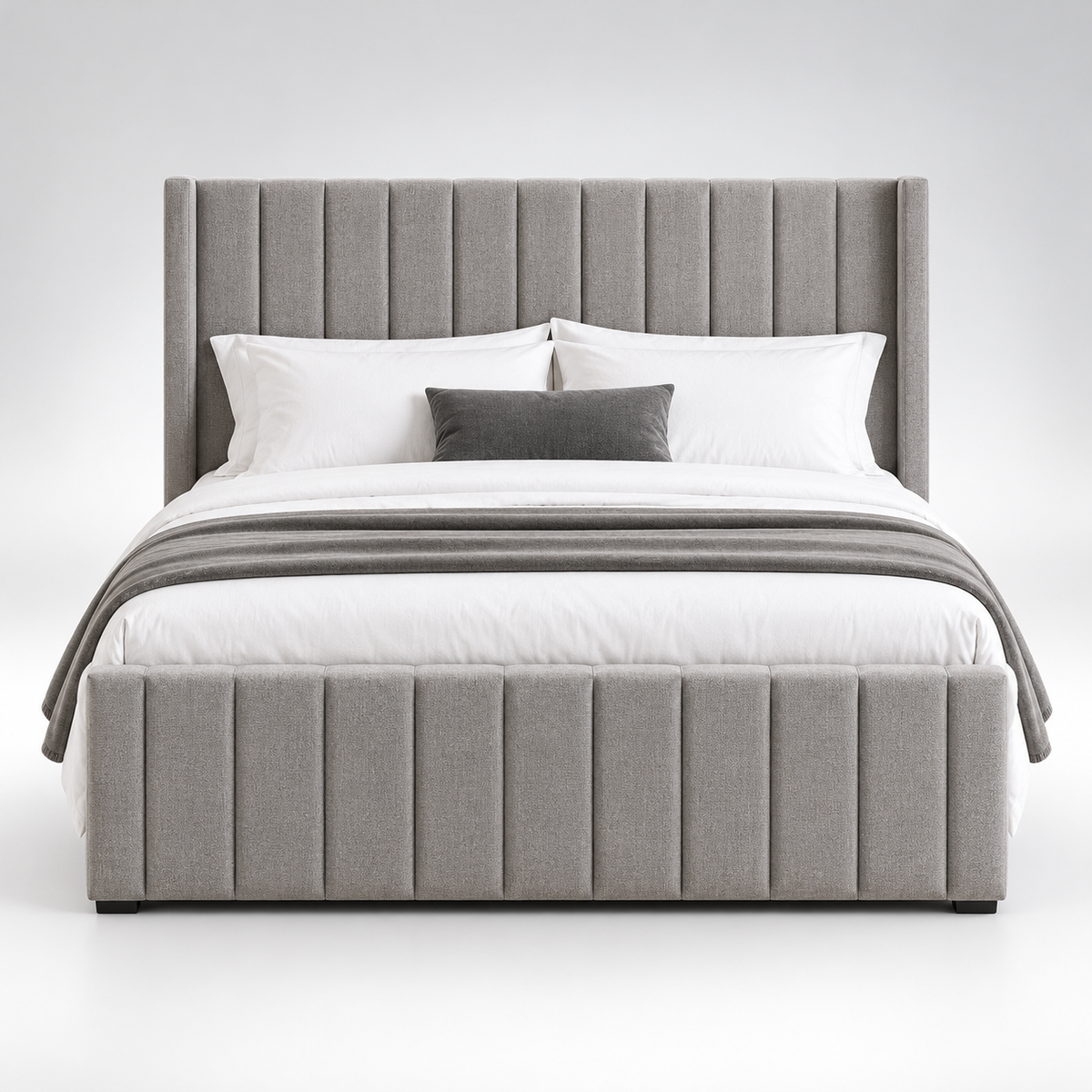 Luxury Fully Upholstered Bed with Vertical Channel Tufted Headboard, Matching Padded Footboard, Soft Grey Fabric & Elegant Design for Modern Bedrooms
