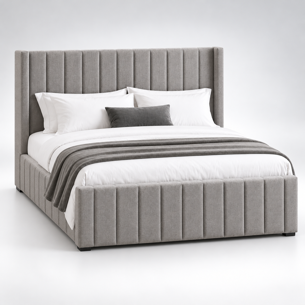 Luxury Fully Upholstered Bed with Vertical Channel Tufted Headboard, Matching Padded Footboard, Soft Grey Fabric & Elegant Design for Modern Bedrooms