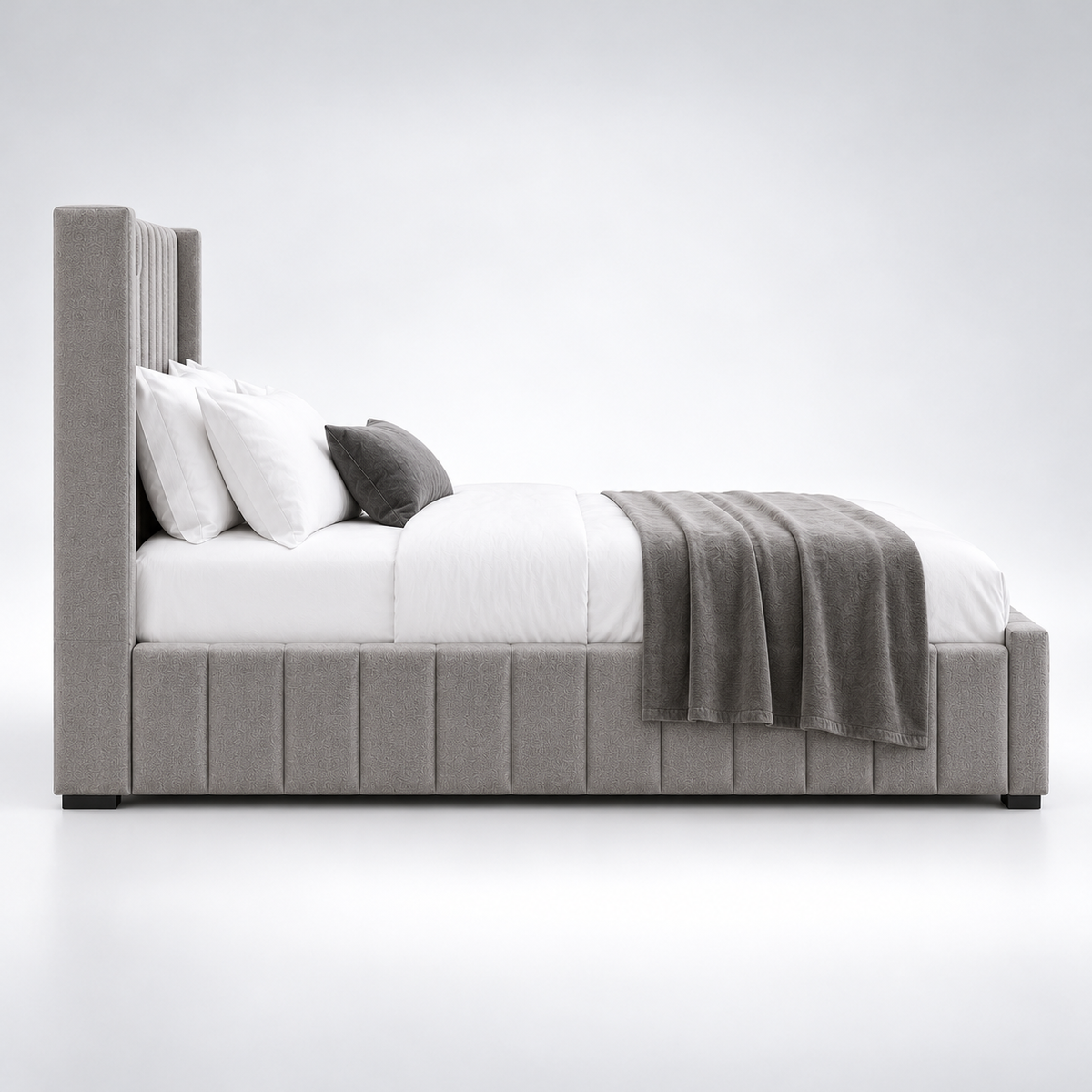 Luxury Fully Upholstered Bed with Vertical Channel Tufted Headboard, Matching Padded Footboard, Soft Grey Fabric & Elegant Design for Modern Bedrooms