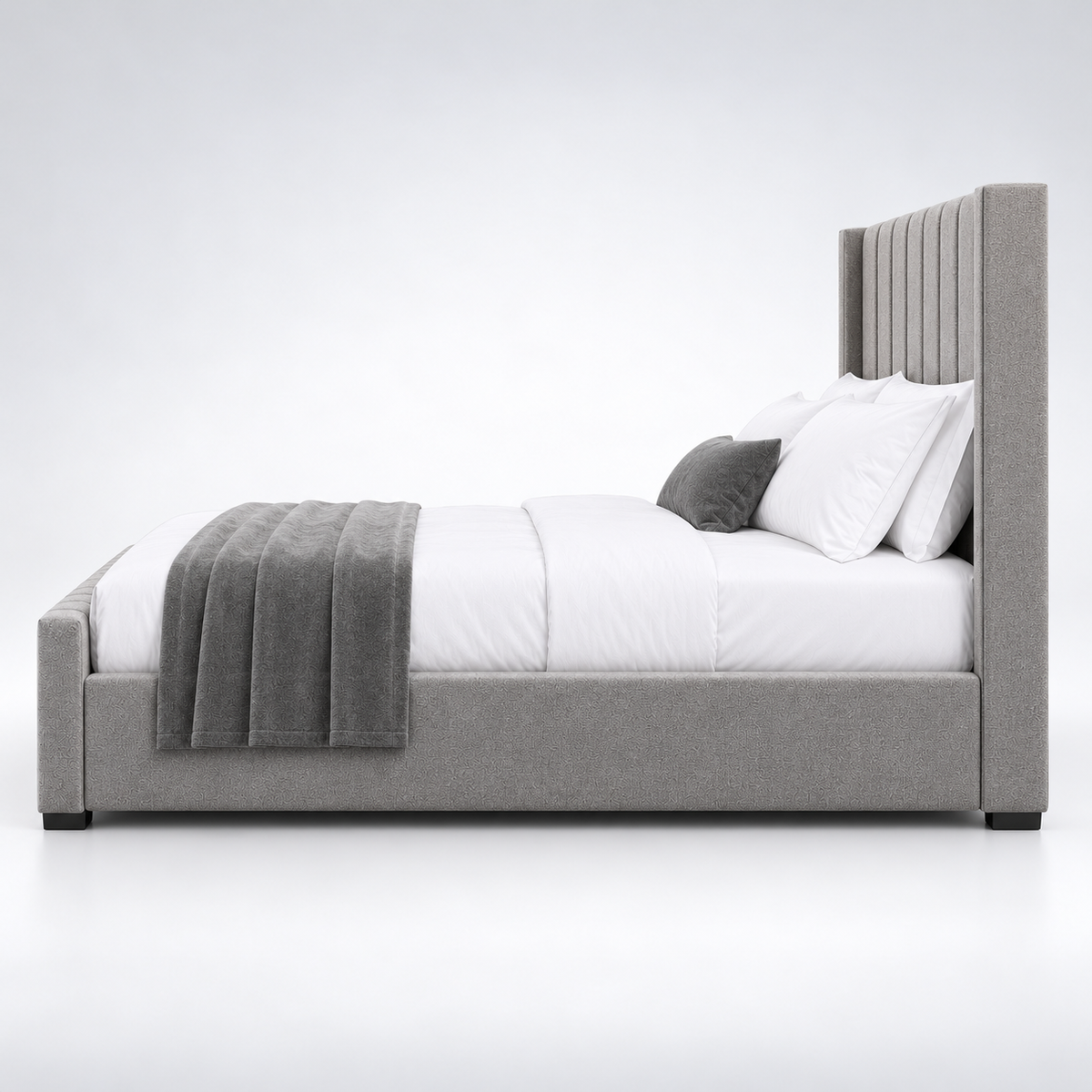 Luxury Fully Upholstered Bed with Vertical Channel Tufted Headboard, Matching Padded Footboard, Soft Grey Fabric & Elegant Design for Modern Bedrooms