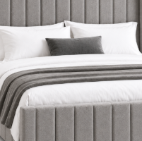 Luxury Fully Upholstered Bed with Vertical Channel Tufted Headboard, Matching Padded Footboard, Soft Grey Fabric & Elegant Design for Modern Bedrooms