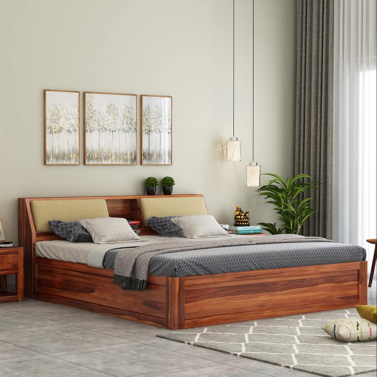 Modern Wooden Double Bed with Cushioned Headboard, Low Profile Box Base, Natural Wood Grain Design & Comfortable Back Support for Home Bedrooms