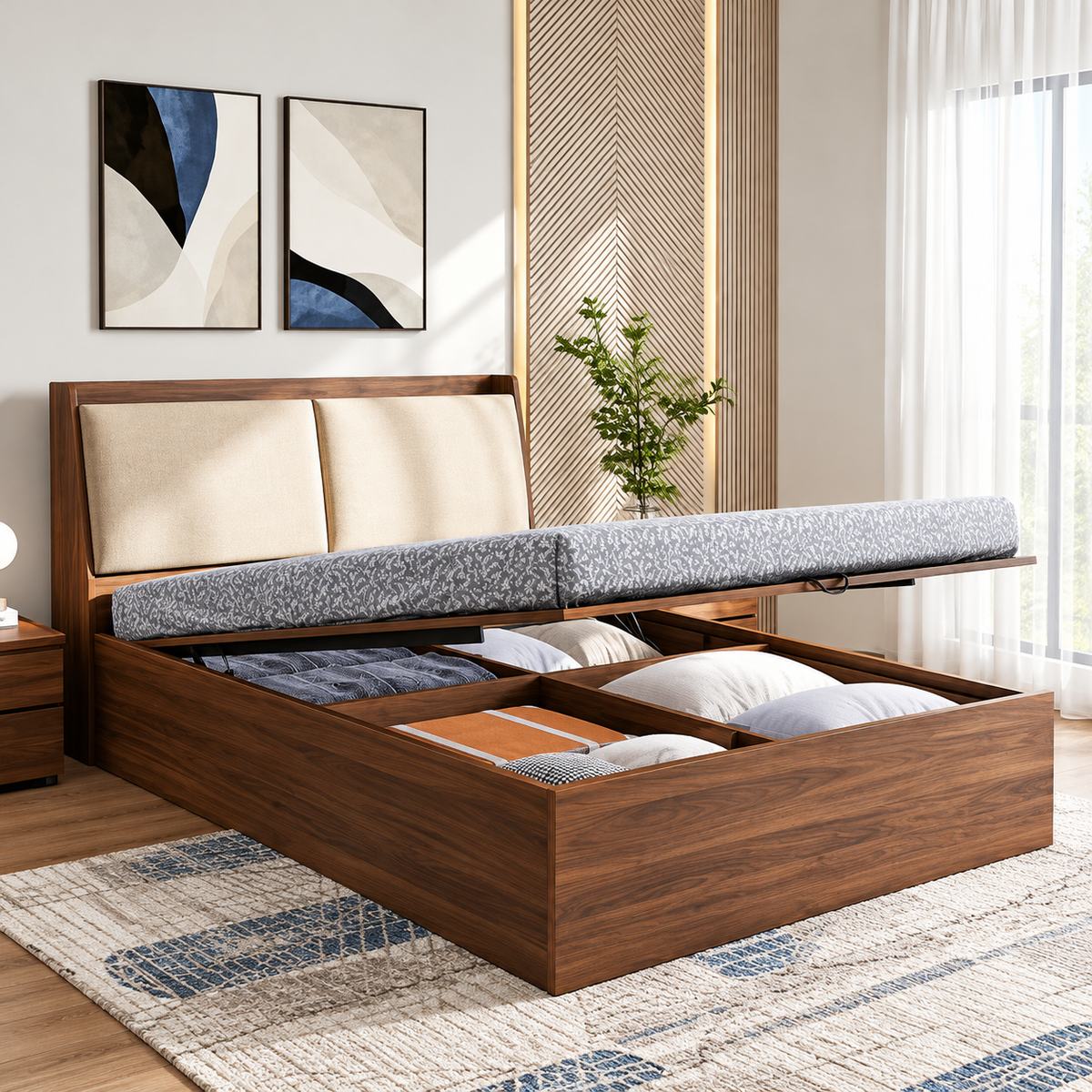 Modern Wooden Bed with Hydraulic Lift-Up Storage, Cushioned Headboard, Spacious Compartments & Space-Saving Design for Home Bedrooms