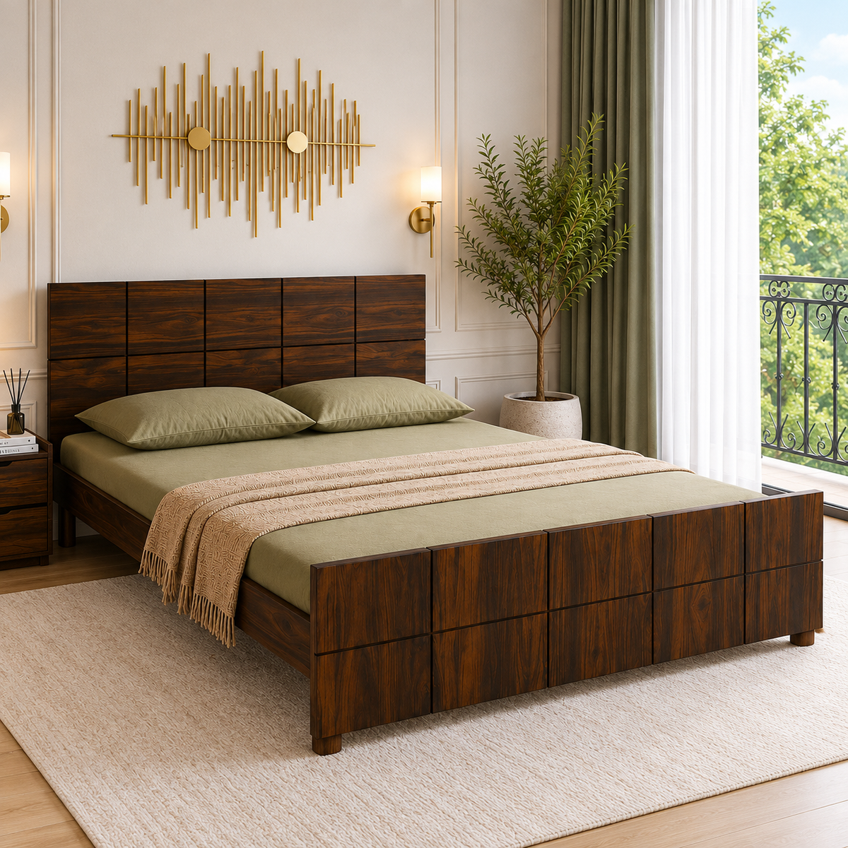 Premium Wooden Bed with Geometric Grid Panel Headboard, Matching Footboard, Sturdy Raised Base & Elegant Modern Design for Home Bedrooms