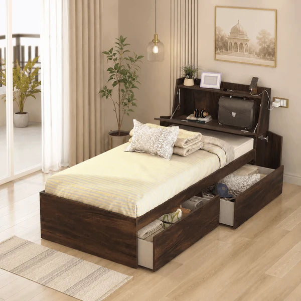 Modern Wooden Bed with Multi-Functional Storage Headboard, Pull-Out Drawers, Open Shelves & Space-Saving Design for Home Bedrooms