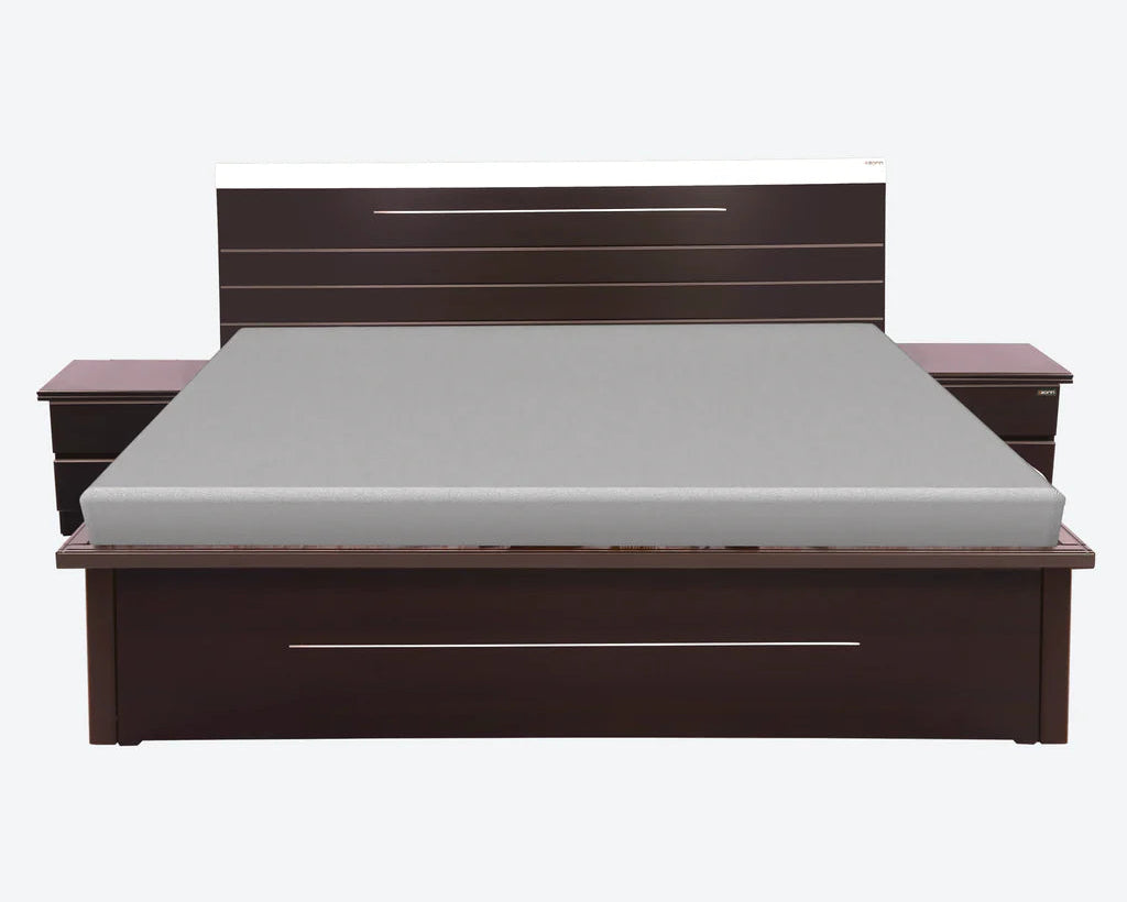 King Size Bed in Premium Walnut Finish with Linear Pattern Headboard, Optional Heavy-Duty Hydraulic Storage for Home Furniture