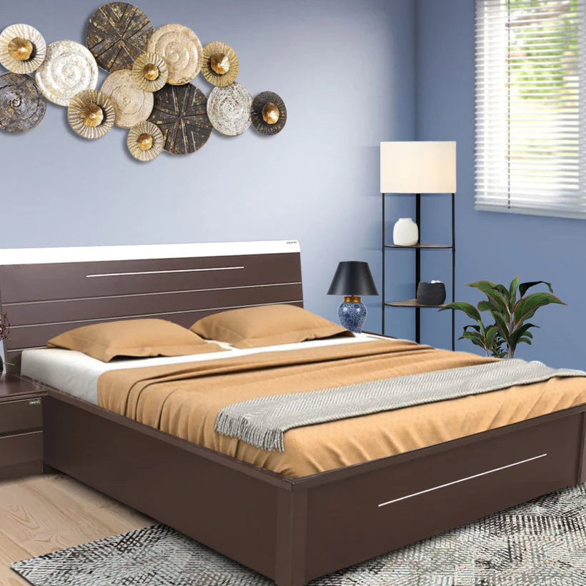 King Size Bed in Premium Walnut Finish with Linear Pattern Headboard, Optional Heavy-Duty Hydraulic Storage for Home Furniture