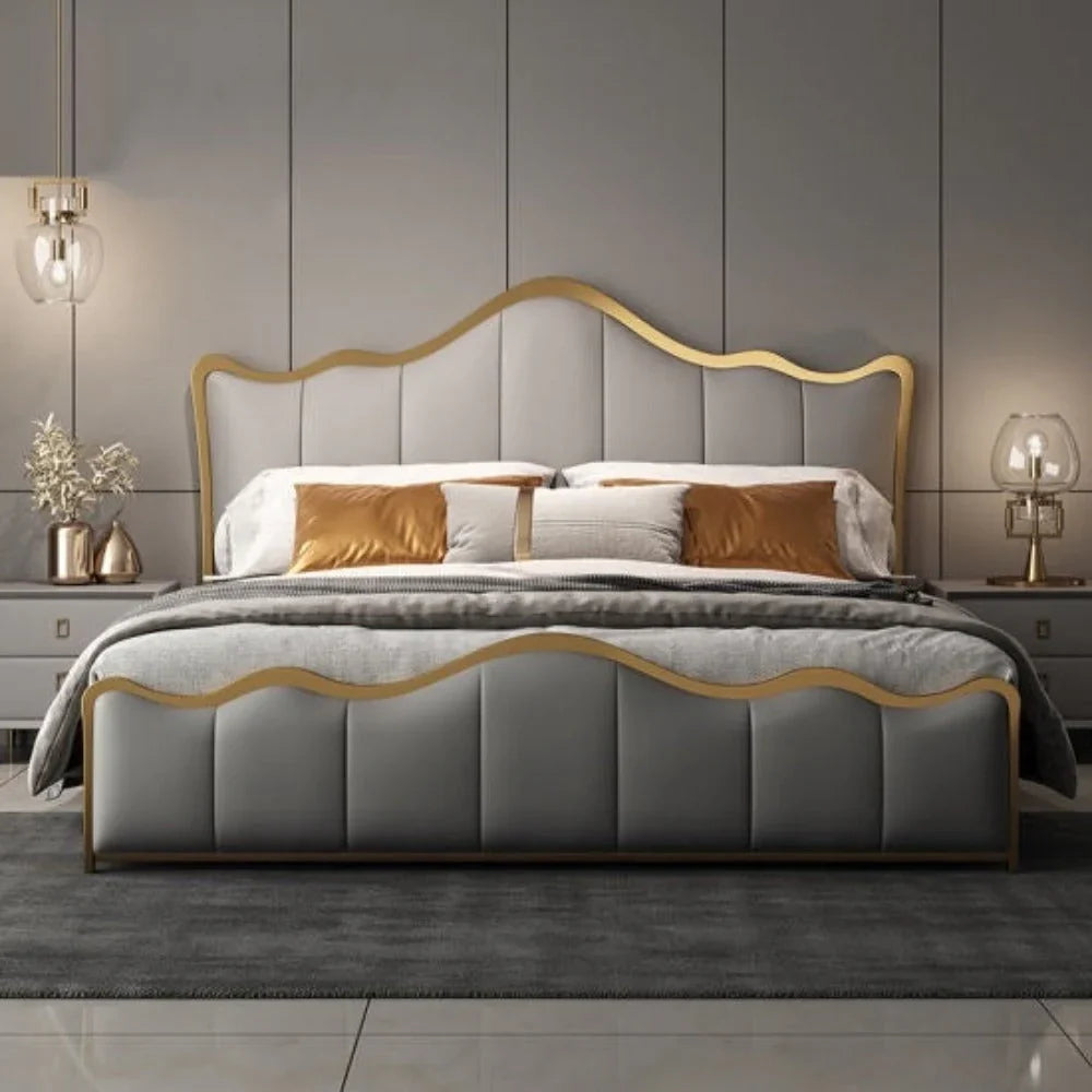 Premium Handcrafted king Size Bed with Gold Trim, Upholstered Headboard &amp; Storage – Modern Luxury Bedroom Furniture