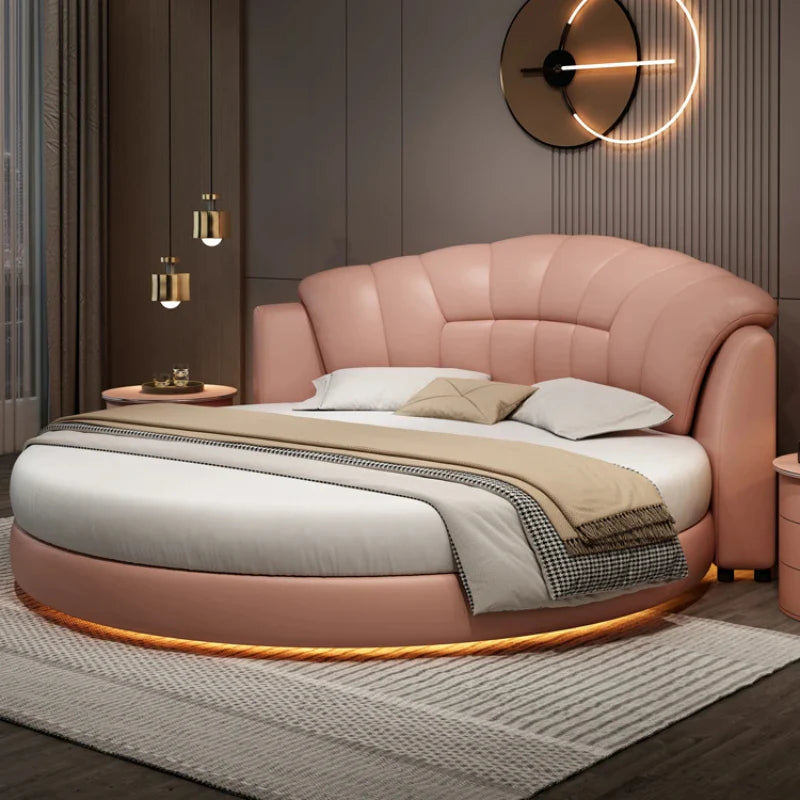 Luxury Round Upholstered Bed with Shell-Inspired Tufted Wingback Headboard and Low-Profile Round Platform in Premium Fabric and Leather Finish