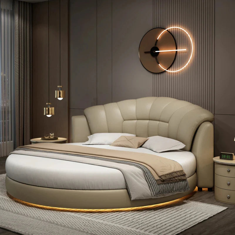 Luxury Round Upholstered Bed with Shell-Inspired Tufted Wingback Headboard and Low-Profile Round Platform in Premium Fabric and Leather Finish