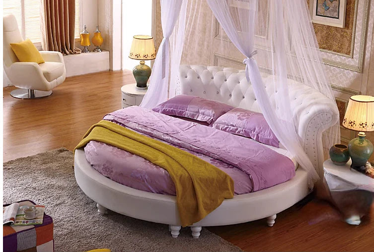 Luxury Round Platform Bed with Deep Chesterfield Tufted Headboard, Crystal Studded Detailing, and Reinforced Radial Premium Glossy Finish
