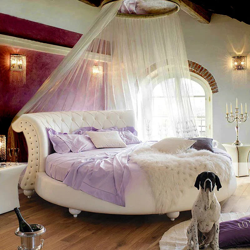 Luxury Round Platform Bed with Deep Chesterfield Tufted Headboard, Crystal Studded Detailing, and Reinforced Radial Premium Glossy Finish