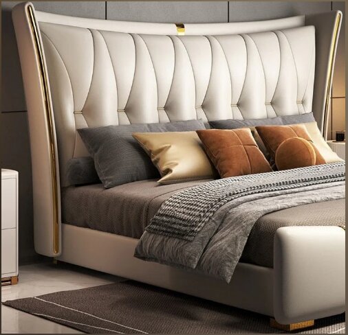 Luxury King Size Upholstered Bed with Pleated Tufted Headboard, Premium Cushioned Frame, Modern Designer Bed for Elegant Bedroom Interiors