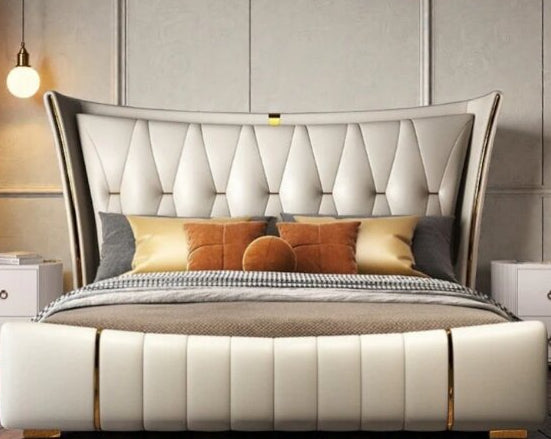 Luxury King Size Upholstered Bed with Pleated Tufted Headboard, Premium Cushioned Frame, Modern Designer Bed for Elegant Bedroom Interiors