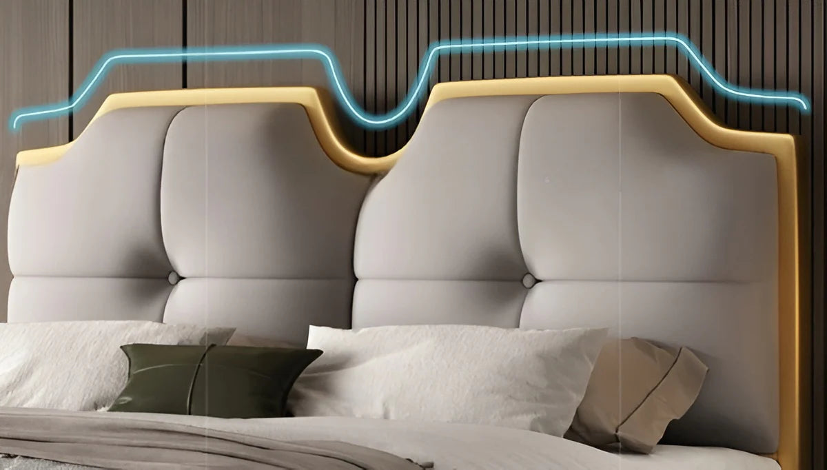 King Size Upholstered Bed in Premium Stone Grey Textured Fabric with Dual-Arched Wingback Headboard, Polished Gold Metal Trim, and Hydraulic Storage
