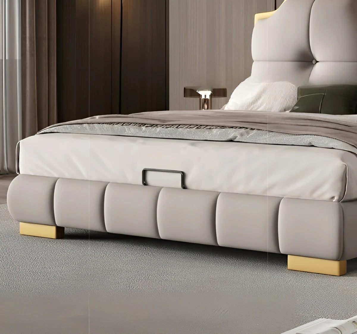 King Size Upholstered Bed in Premium Stone Grey Textured Fabric with Dual-Arched Wingback Headboard, Polished Gold Metal Trim, and Hydraulic Storage