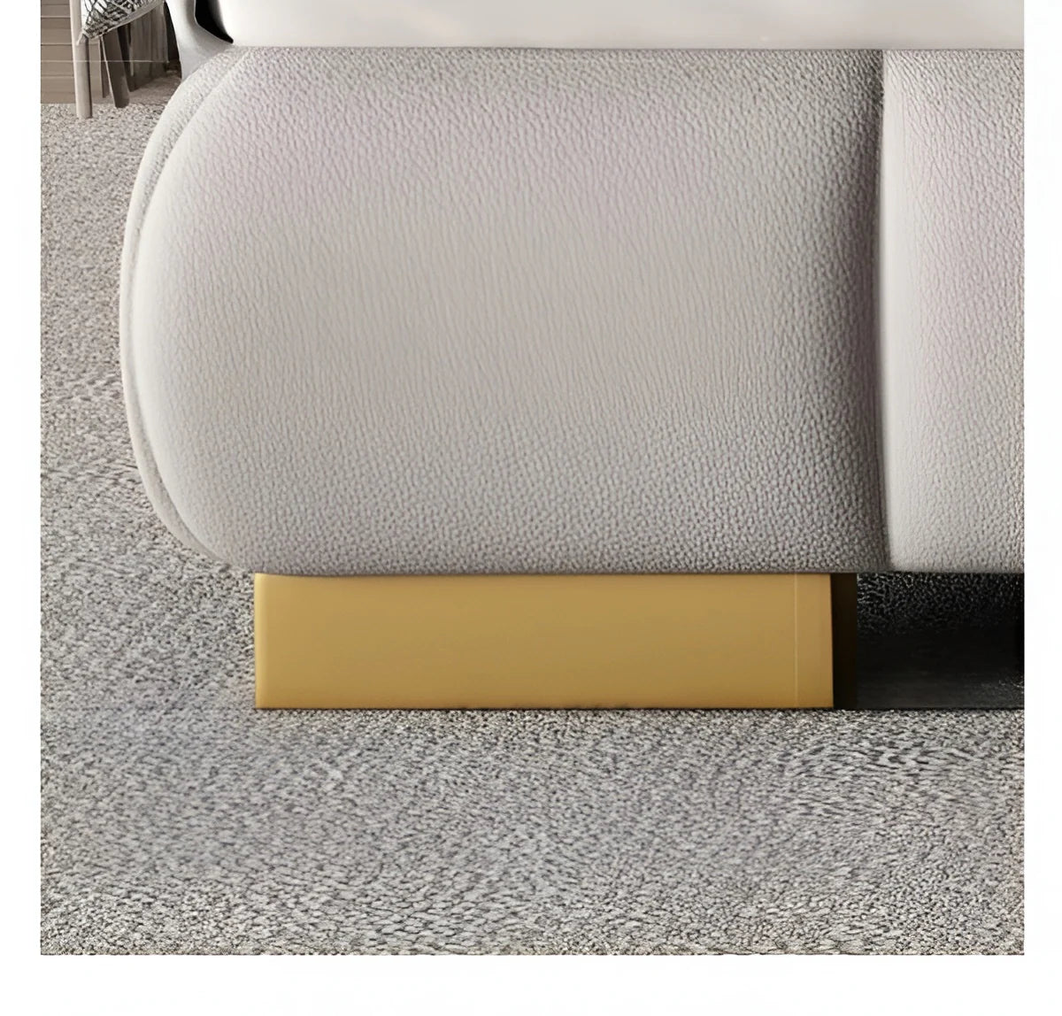 King Size Upholstered Bed in Premium Stone Grey Textured Fabric with Dual-Arched Wingback Headboard, Polished Gold Metal Trim, and Hydraulic Storage