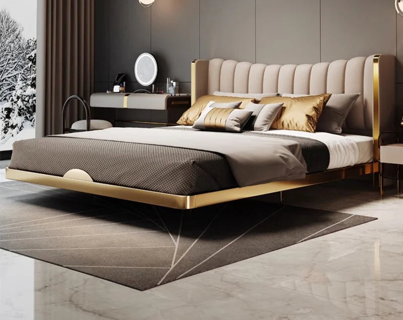 Royal King Size Upholstered Bed with Full Gold Metal Wrap Frame, Luxury Vertical Fluted Headboard, Premium Teakwood Non-Storage Platform Bed with Designer Metal Legs