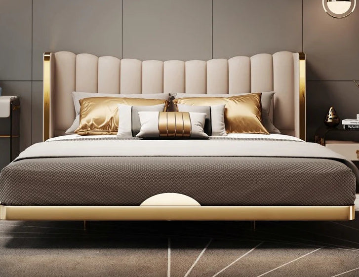 Royal King Size Upholstered Bed with Full Gold Metal Wrap Frame, Luxury Vertical Fluted Headboard, Premium Teakwood Non-Storage Platform Bed with Designer Metal Legs