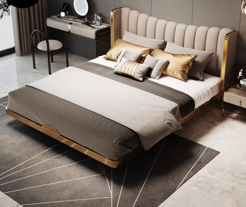 Royal King Size Upholstered Bed with Full Gold Metal Wrap Frame, Luxury Vertical Fluted Headboard, Premium Teakwood Non-Storage Platform Bed with Designer Metal Legs