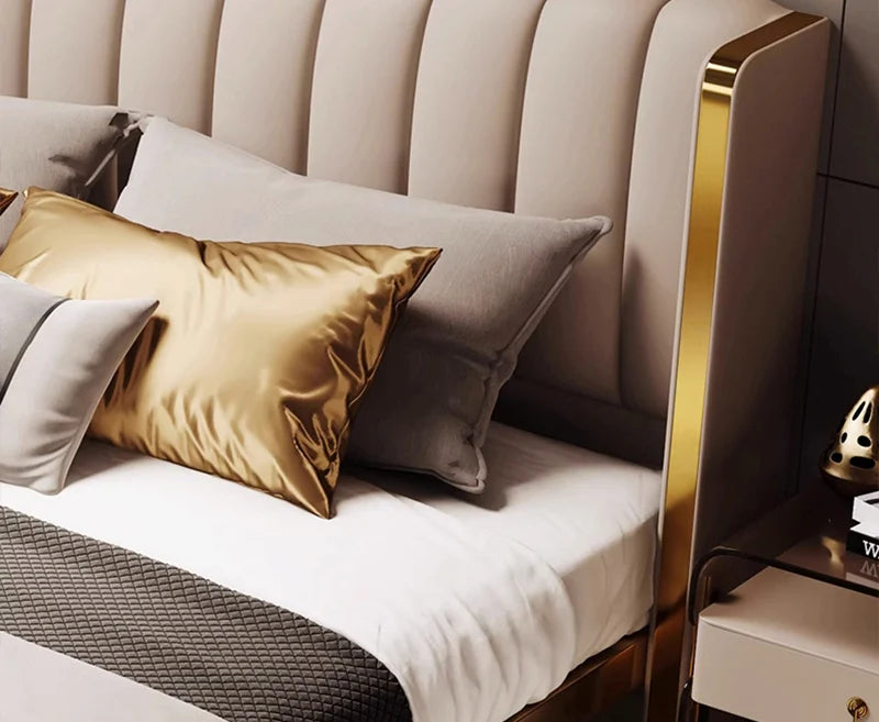 Royal King Size Upholstered Bed with Full Gold Metal Wrap Frame, Luxury Vertical Fluted Headboard, Premium Teakwood Non-Storage Platform Bed with Designer Metal Legs